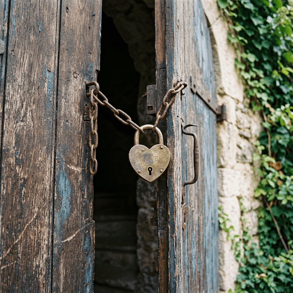Heart-shaped padlock with the word LOVE on an old wooden door locked with chain